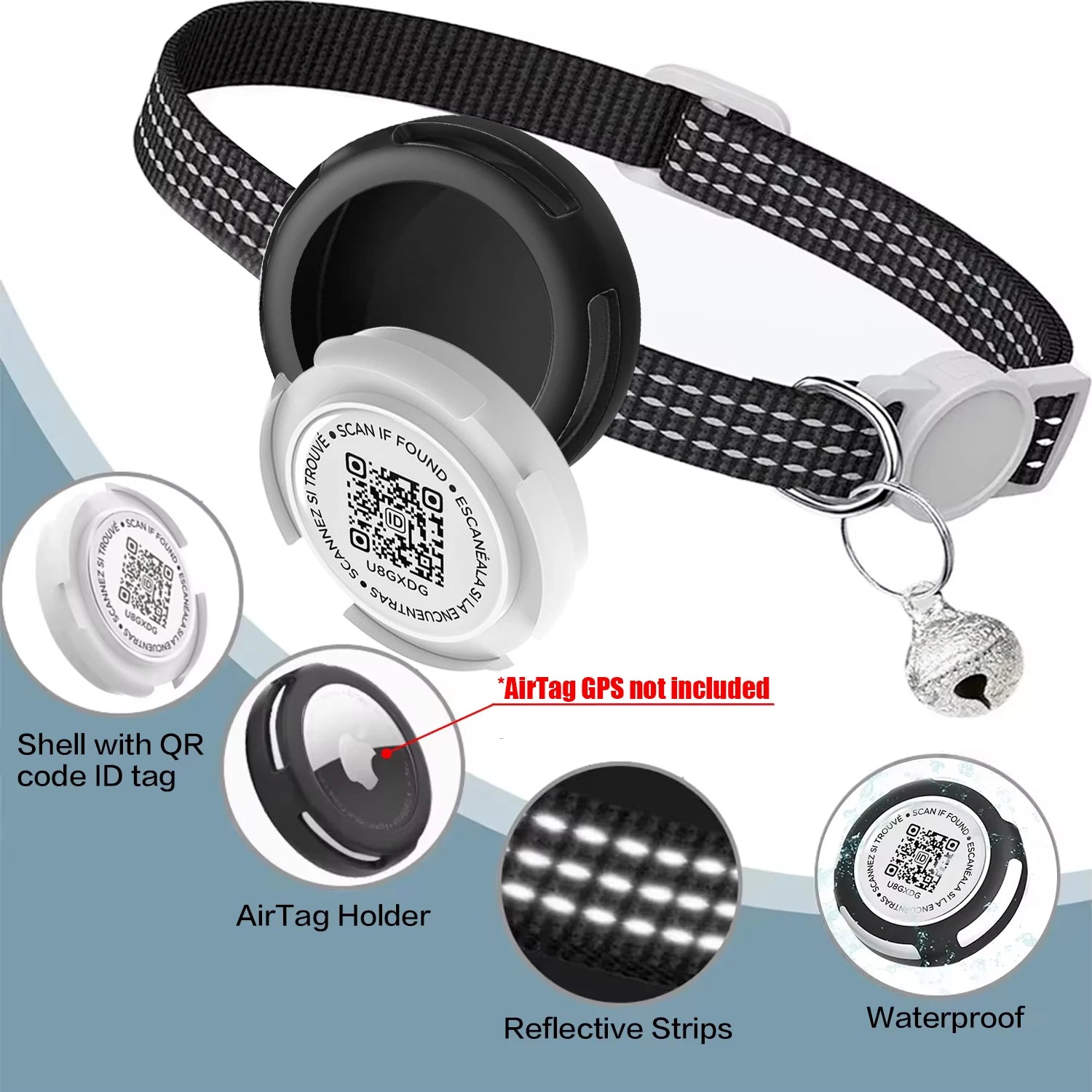 SafeTrack Collar™ – Collar Reflectante con Soporte para AirTag y Etiqueta QR